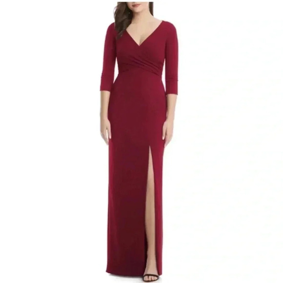 After Six Burgundy Red Vneck Crepe Sleeve Slit Front Bridesmaid Dress Size XXS - Picture 1 of 7